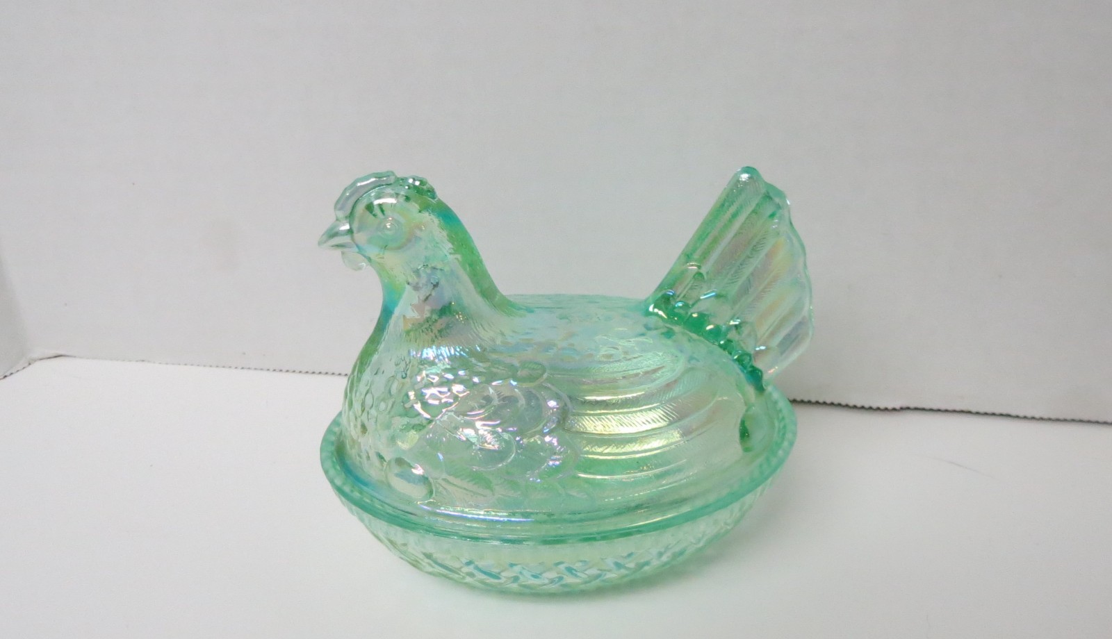 Fenton Aquamarine Iridescent uranium Hen On Nest Covered Dish Carnival Glass HON
