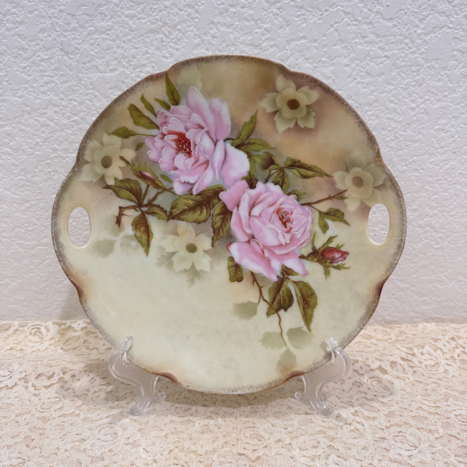 Vintage Alice Austria Pink Rose Oval Handled Porcelain Serving Plate Tray 11″