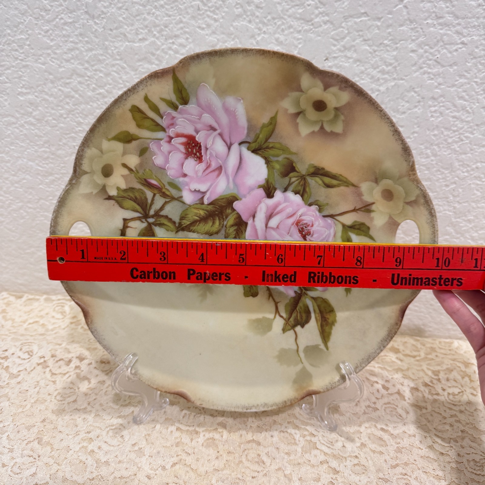 Vintage Alice Austria Pink Rose Oval Handled Porcelain Serving Plate Tray 11″