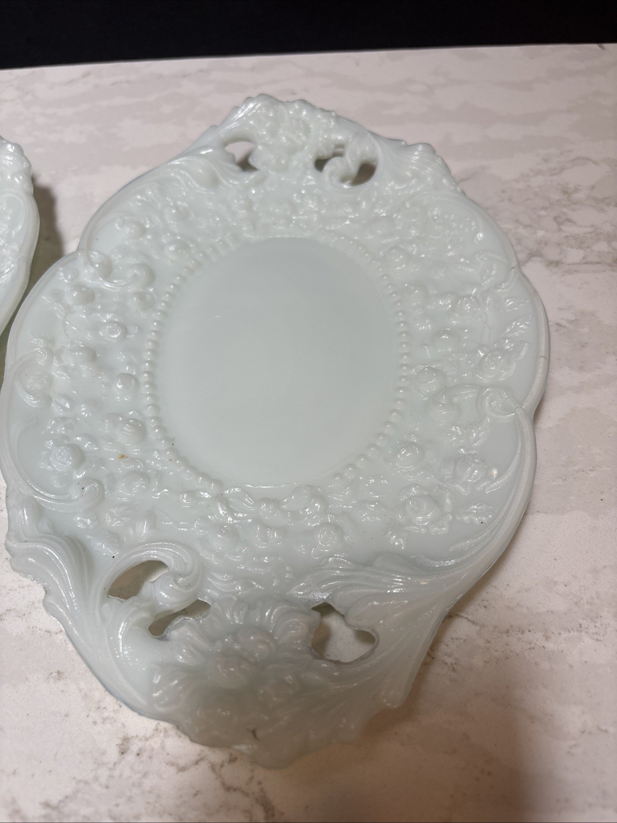 Antique Milk Glass Oval Rococo Pierced Relief Dish Set Jenny Lind