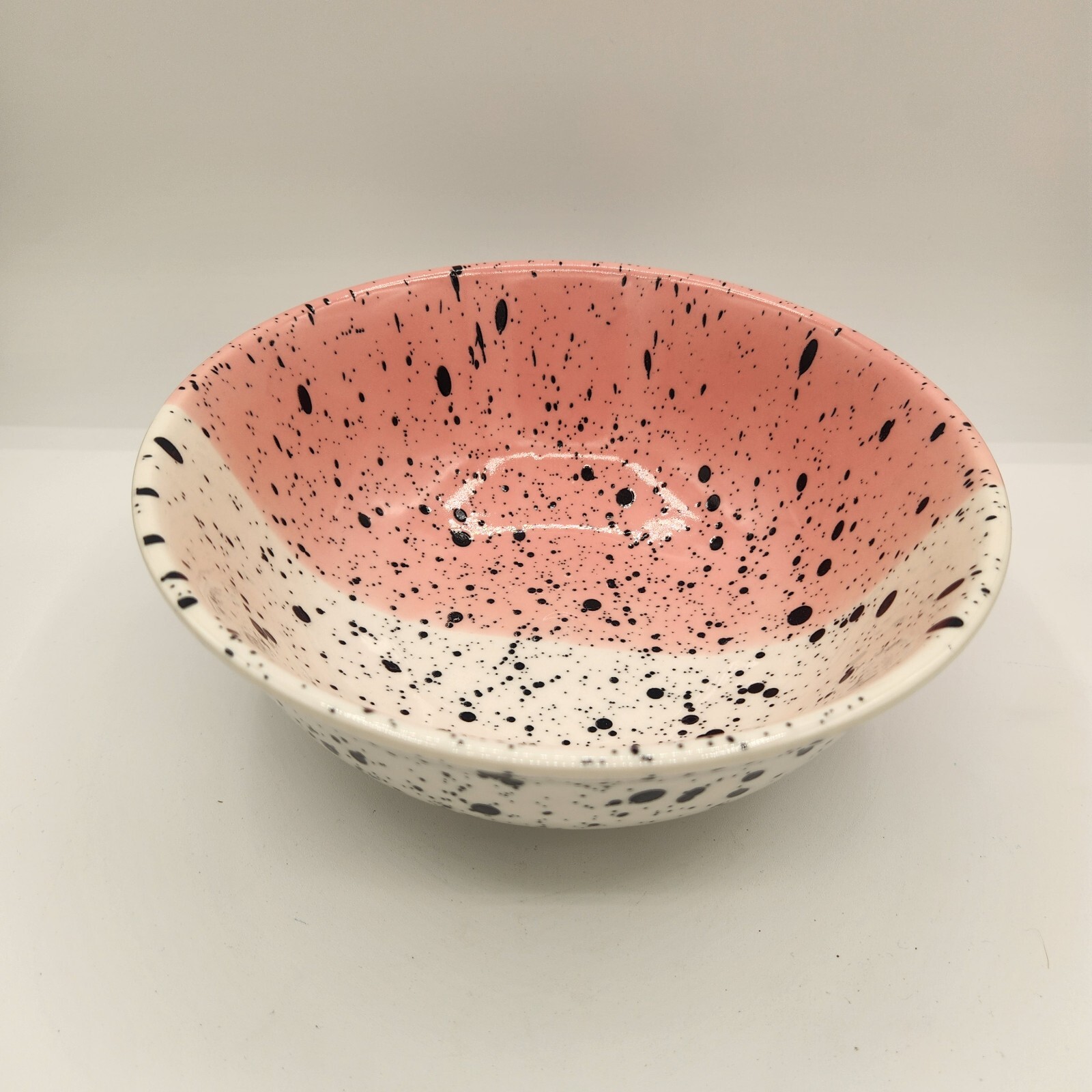 VTG Pottery Bowl Light Pink Off White Black Splatter Trinkets Noodle Fruit 8in