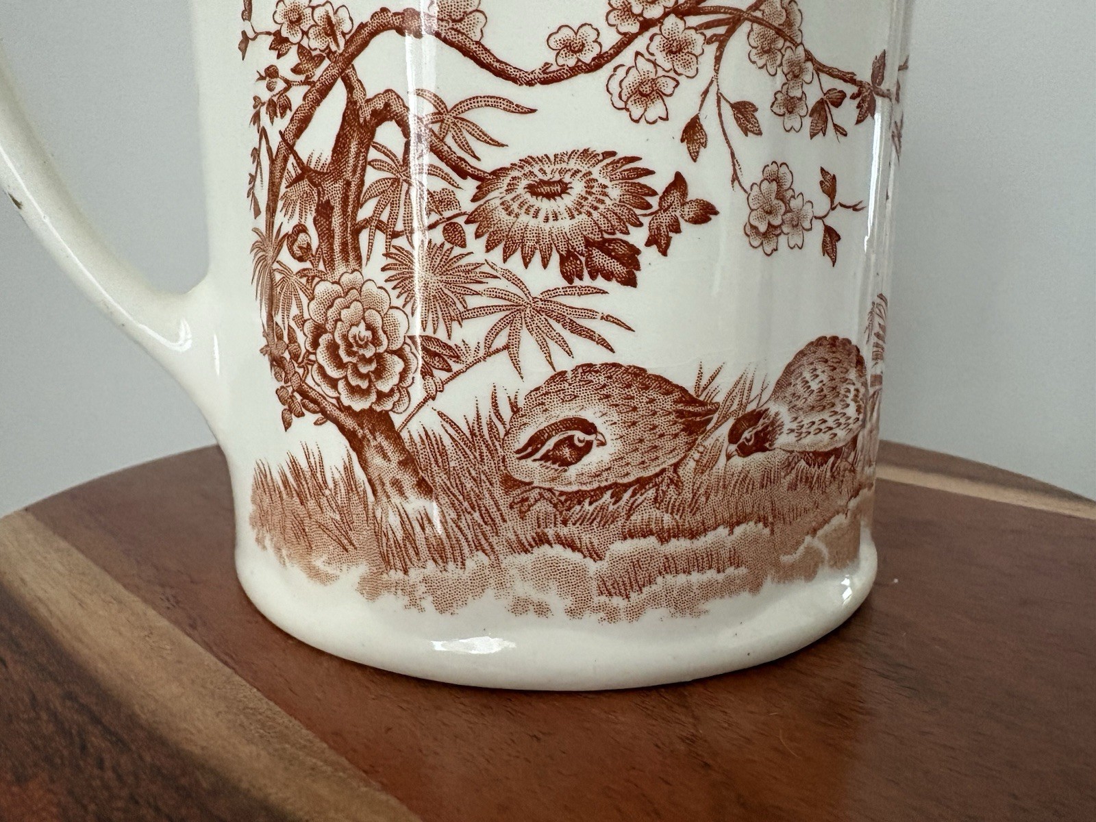 White & Brown Ceramic Floral Transferware Pitcher, Glossy Decorative Finish