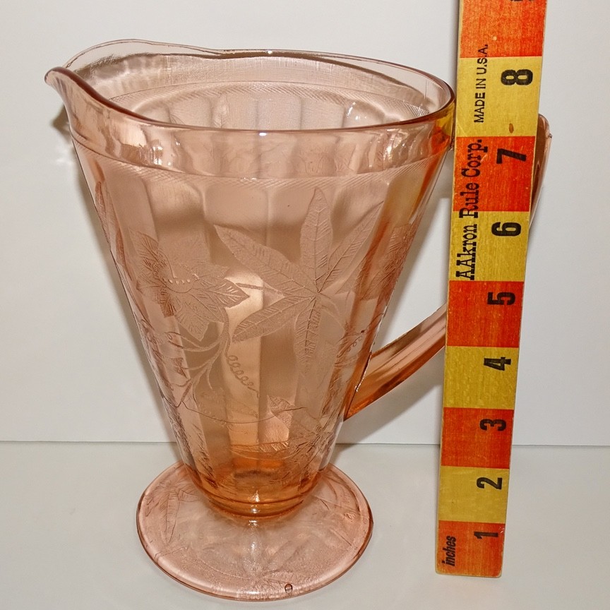 1931 Jeannette 7.75in Poinsettia Pink Depression Glass Footed Cone Pitcher 32oz
