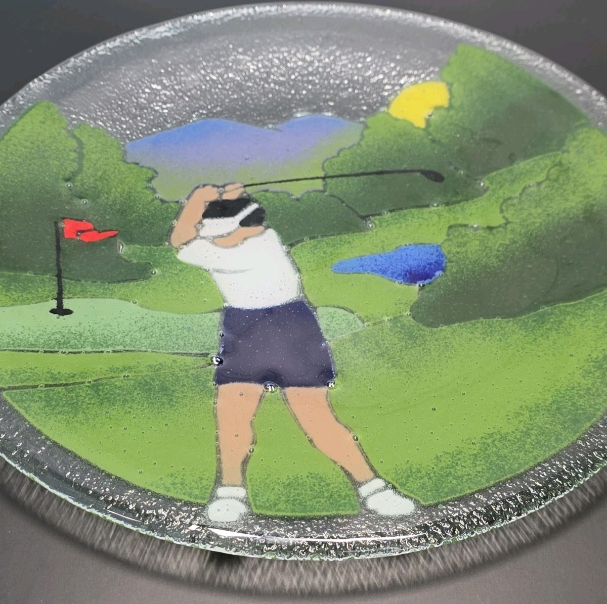 Vintage Peggy Karr Signed Fused Glass Lady Woman Golfer Plate 11.25″ Golf