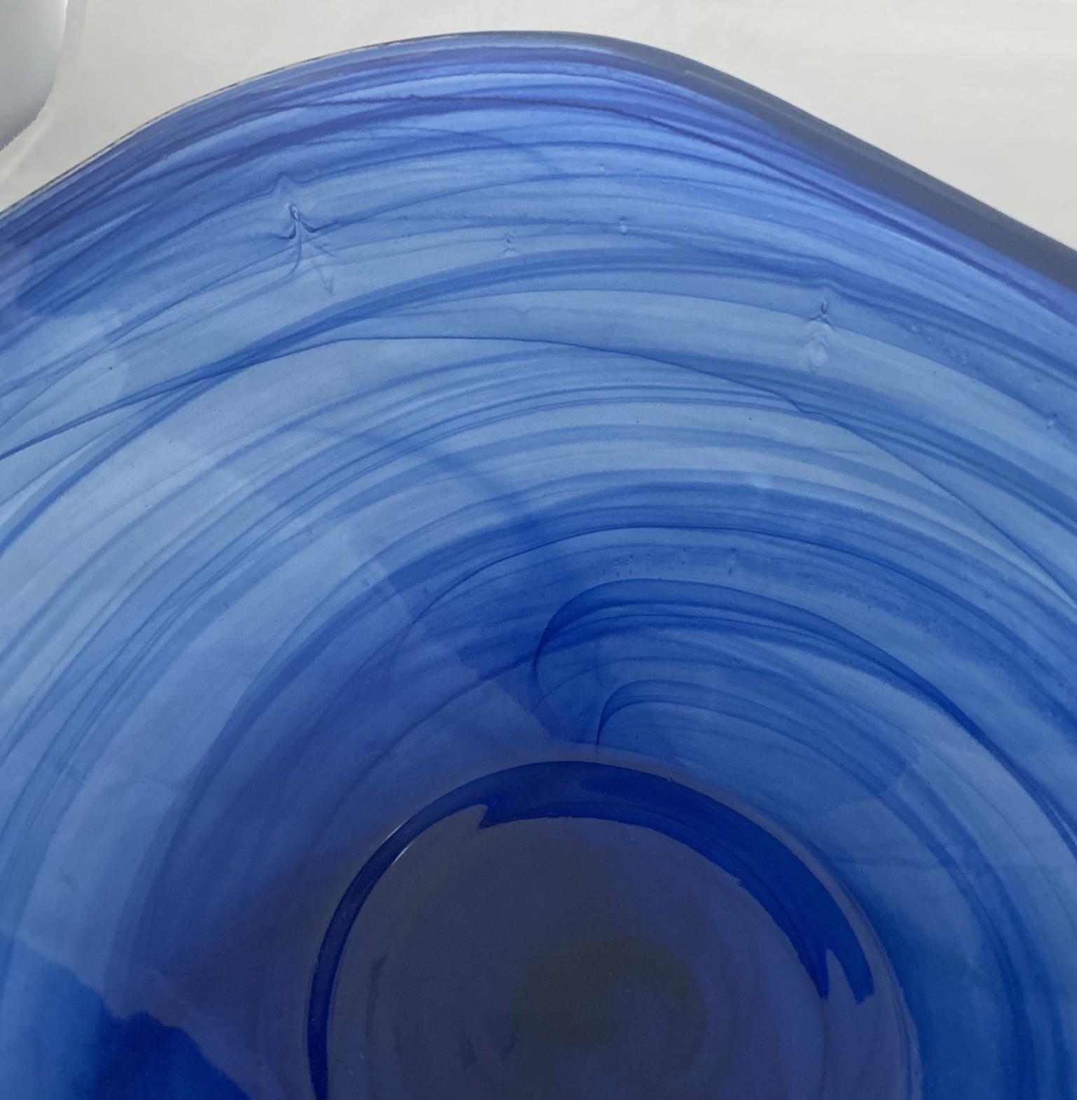 Murano Style Art Glass Cobalt Blue Swirl Asymmetrical Bowl 13 5/8″ Long