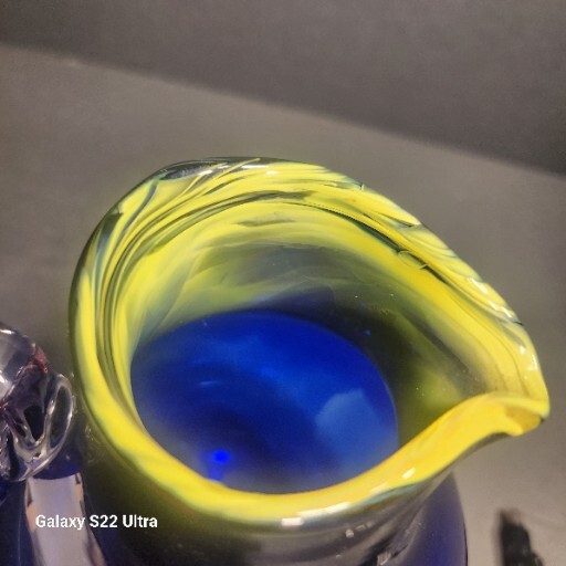 Hand Blown Art Glass Cobalt Blue Pitcher / Yellow W/ Applied Clear Glass Handle