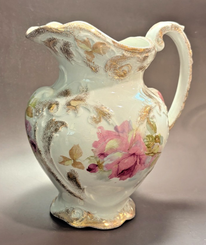 Antique J&G Meakin Hanley England Ironstone Washstand Pitcher Rose Floral Gilt