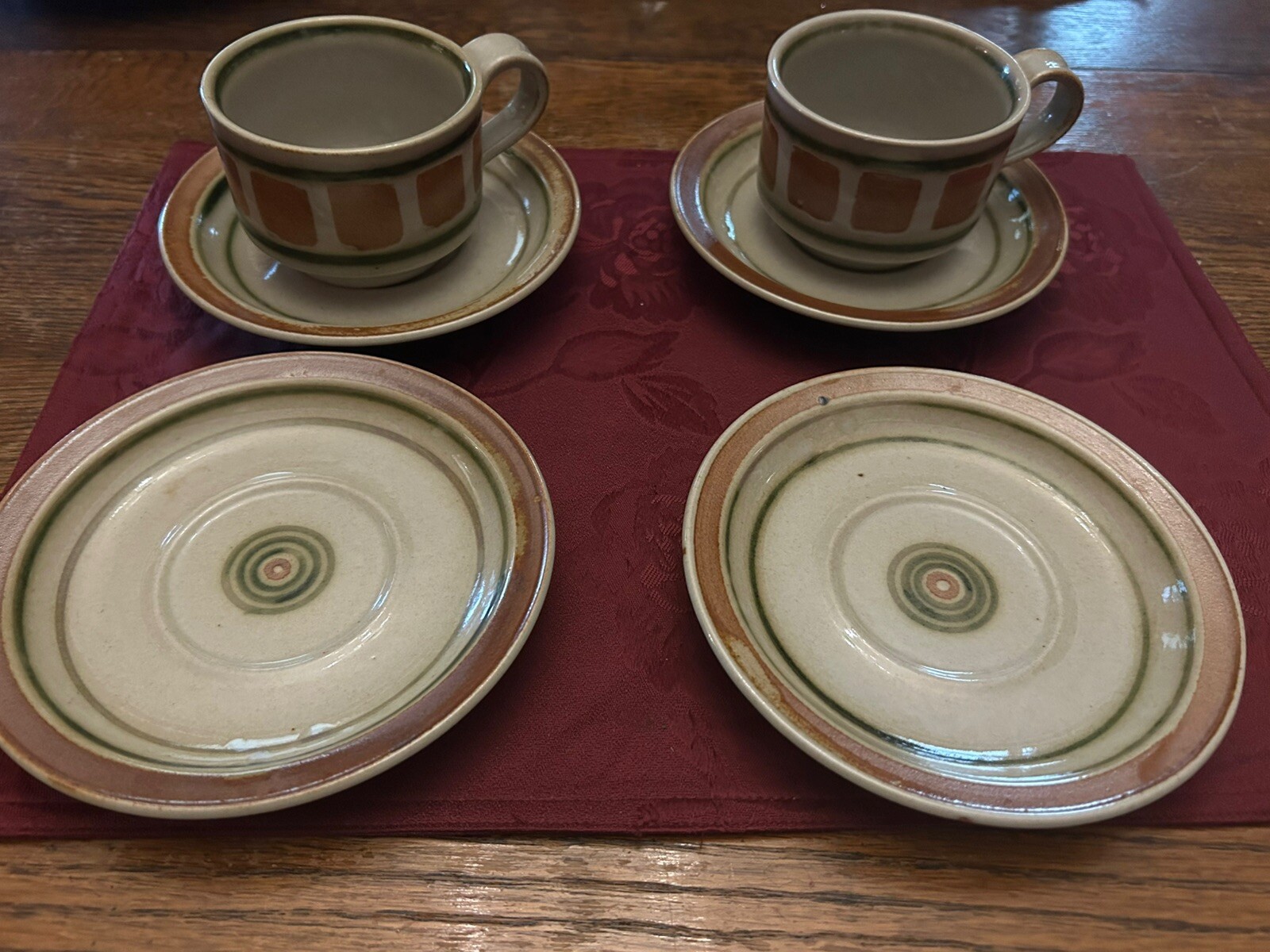 Stoneware 4 Saucers 2 Cups With Rings Brown Tones With Green