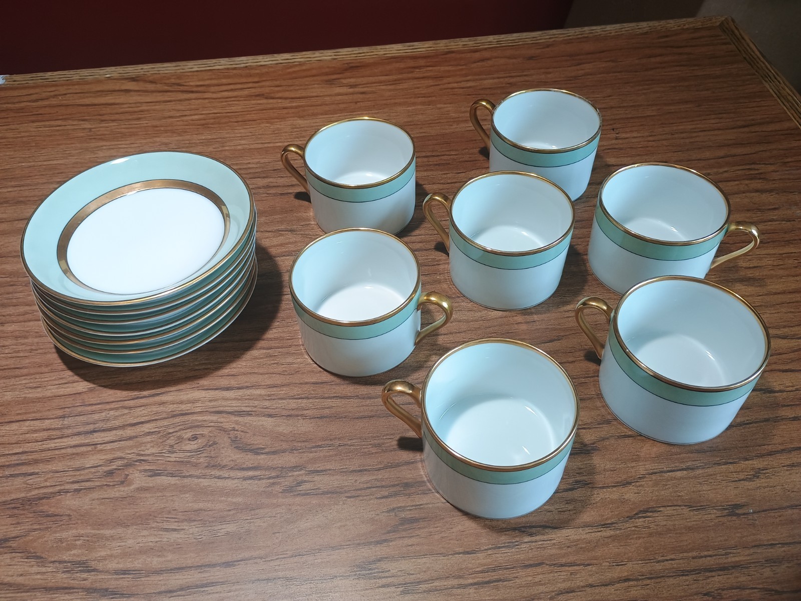 Set of 7 Fitz & Floyd Renaissance Mint Green Flat Cup Saucer Vintage Fine China