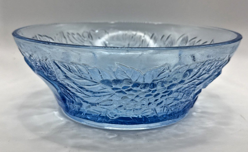 Glass Serving Bowl Ice Blue KIG Indonesia VTG 8.5″ Flower Fruit Apple Pear Grape