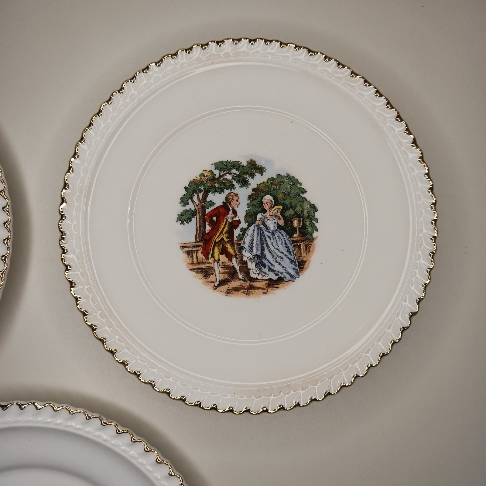 Vintage Harker Pottery Set of 3 Plate 6 1/4” 22 KT. Gold Colonial Couple White