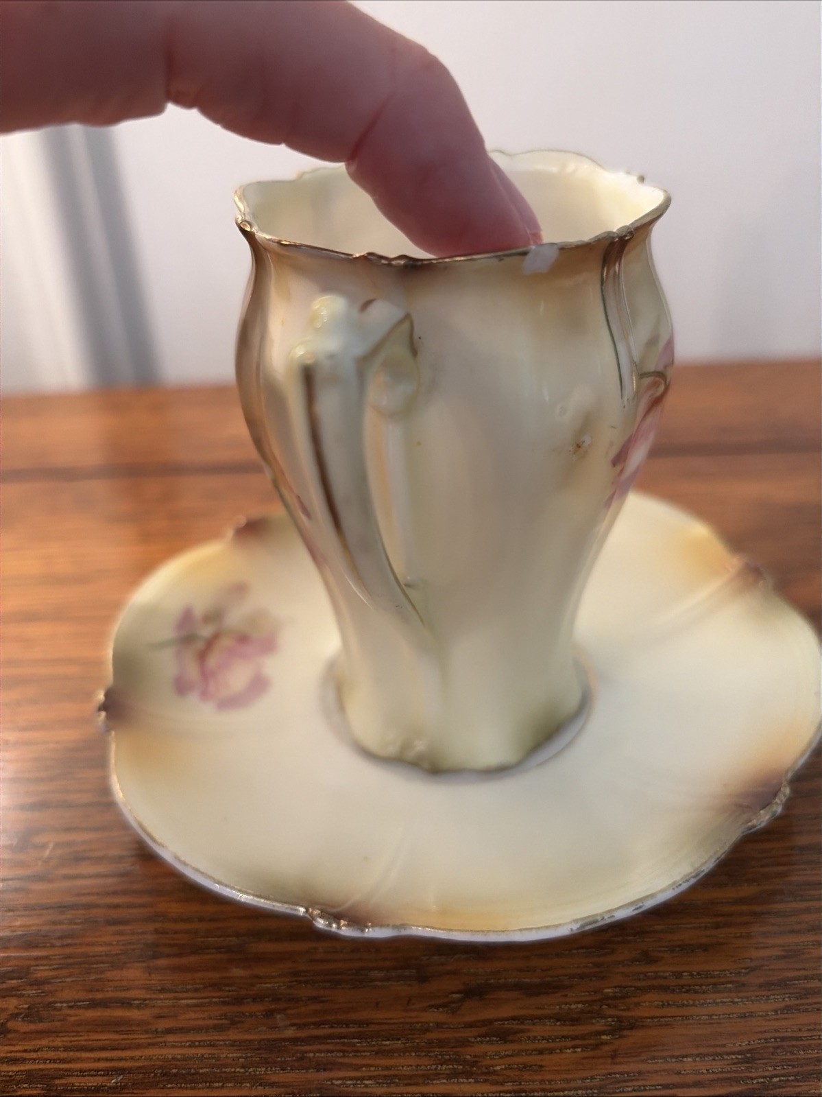 Antique RS PRUSSIA Floral Chocolate Cup & Saucer Set Pink Flowers Red Mark READ