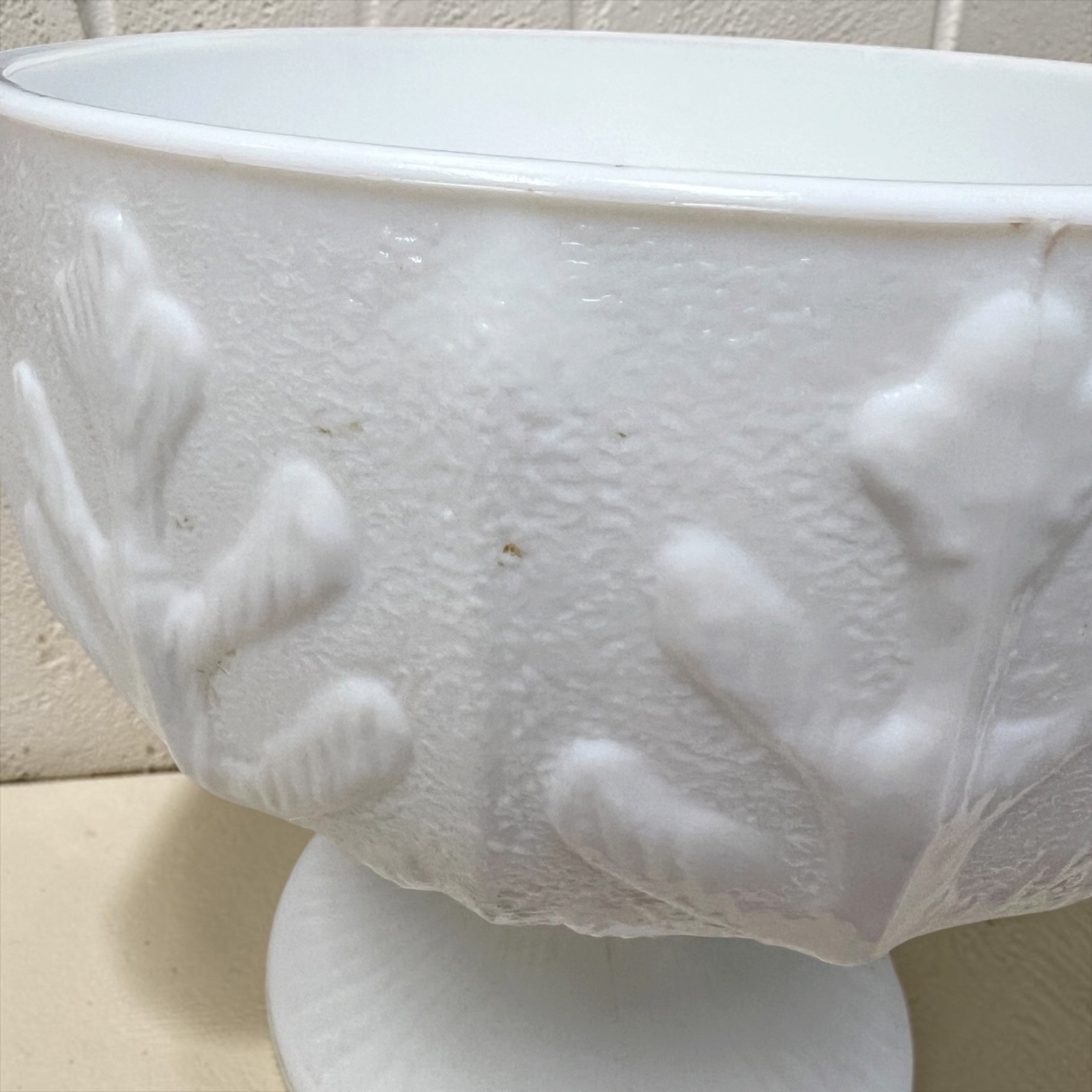 Vintage FTD White Milk Glass Pedestal Bowl with Embossed Oak Leaf (314)