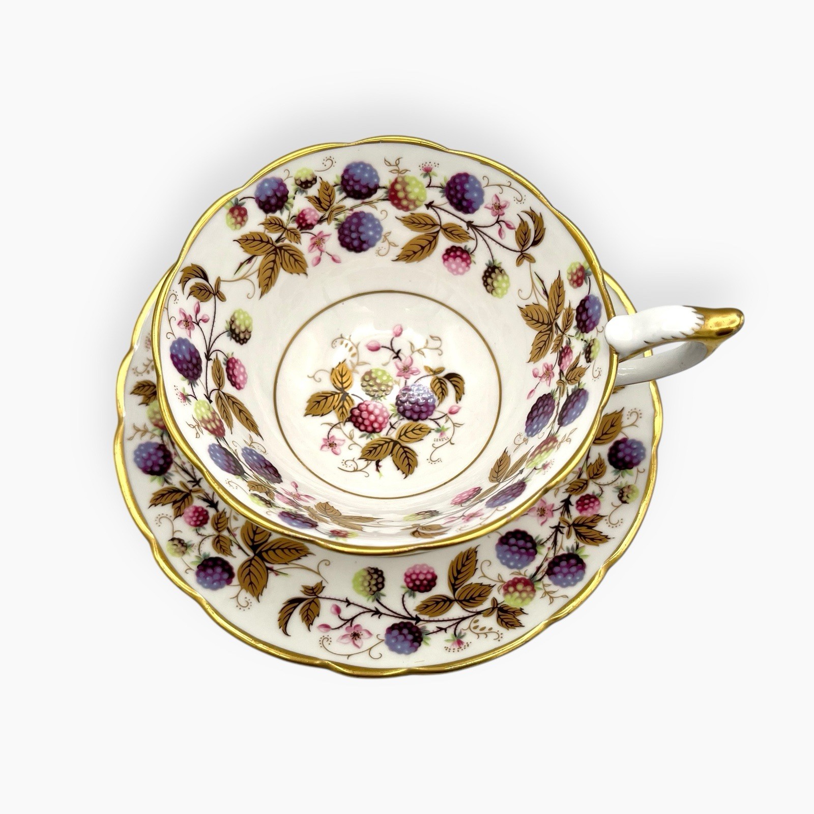 Vintage Royal Stafford Golden Bramble Berries Footed Tea Cup Saucer Gold MINT