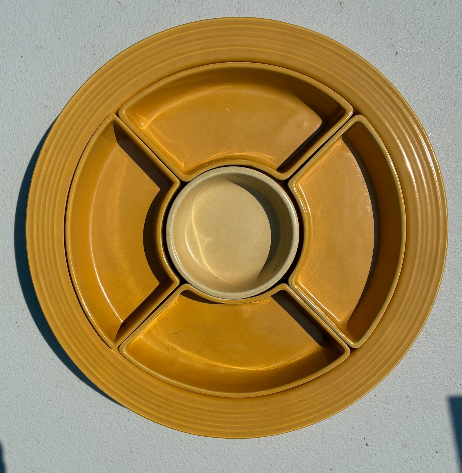 Vintage Fiestaware Yellow & Ivory White 6 Piece Relish Dish Lazy Lowercase Homer