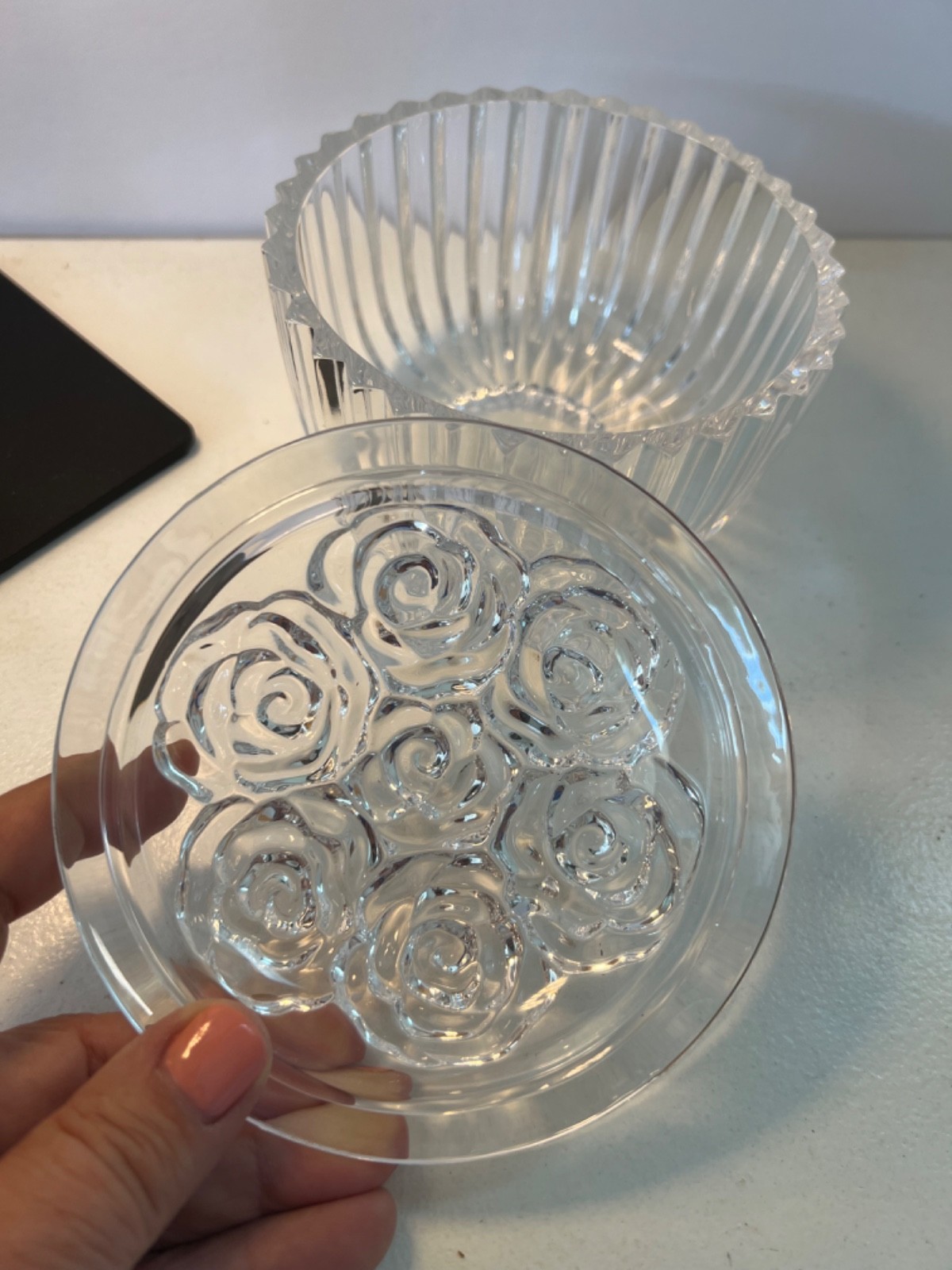 “Roses” Trinket Candy Dish Pressed Clear Glass