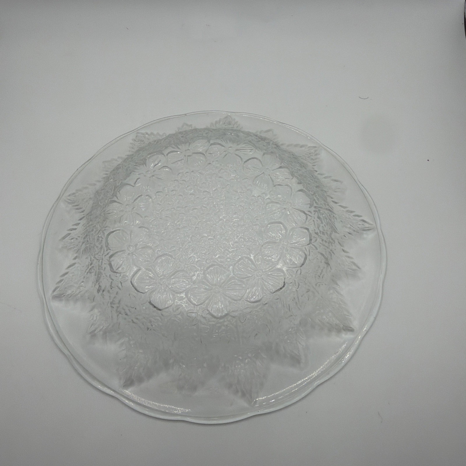 KIG Vintage Indonesian Butter Plate 6″ Clear Etched Glass Flowers Leaves