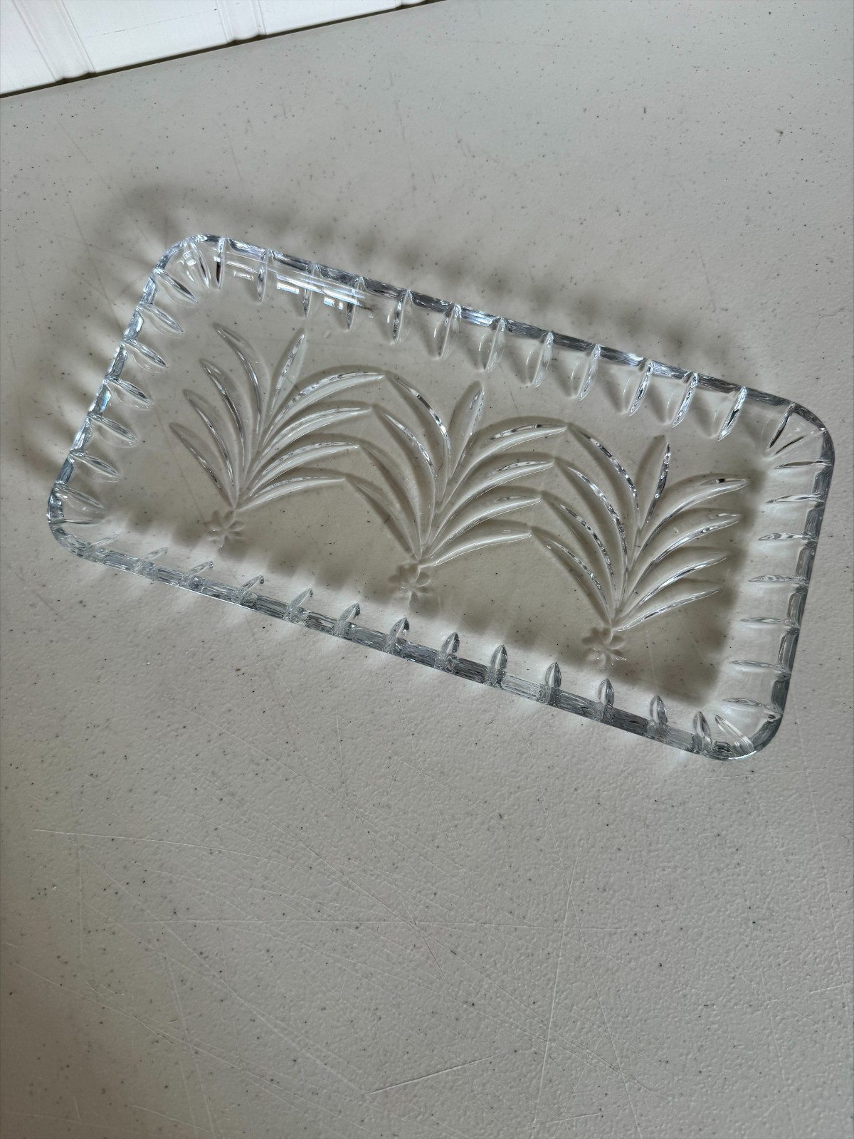Heavy Cut Crystal Rectangular Serving Tray Leaf Pattern Clear Glass 13.5”