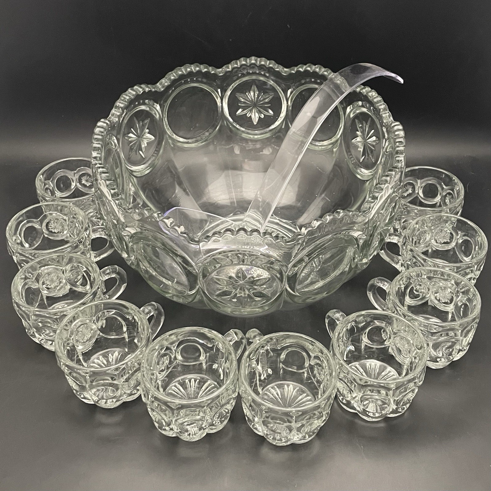 Tiffin Franciscan Moon & Stars 12pc Clear Glass Punch Bowl Set c1950s USA 4quart