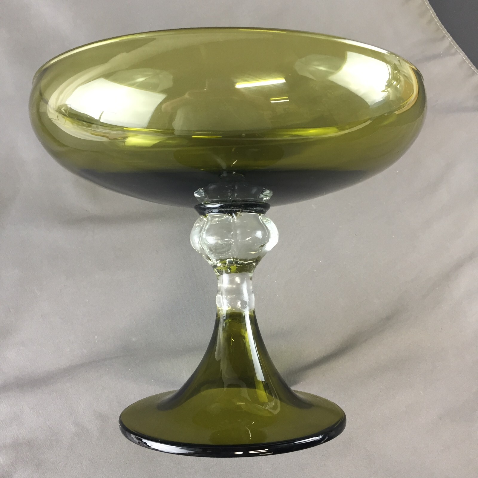 VTG Olive Green Footed Round Glass Compote Clear Stem 8 3/4″ Bowl, 7 1/2″ Tall