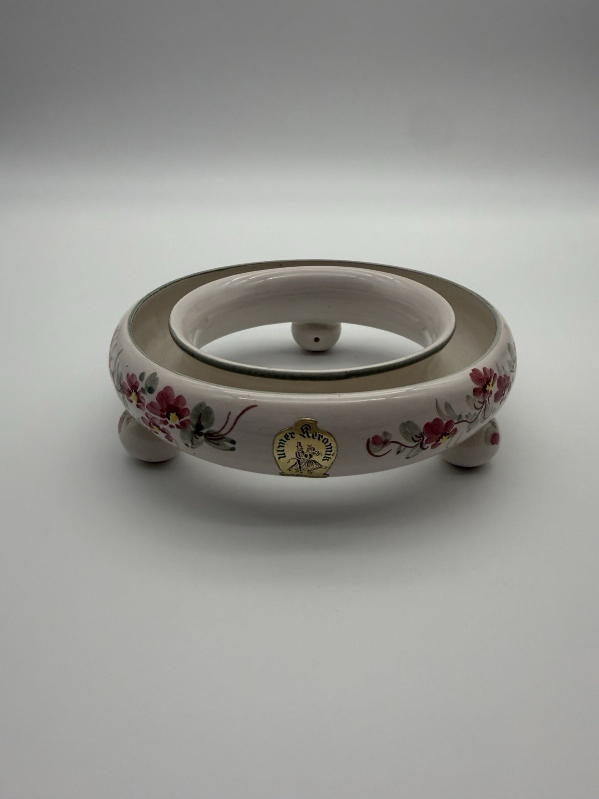 VTG Pansy Ring Vase Hand Painted Flower Frog Germany White Pink Green Floral