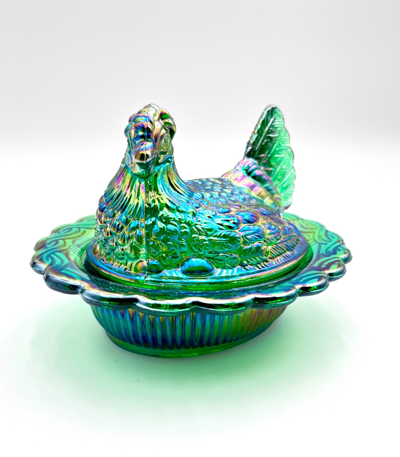 Mosser Hen on Nest HUNTER GREEN CARNIVAL6 1/2″ Glass Marked Mosser FREE SHIP