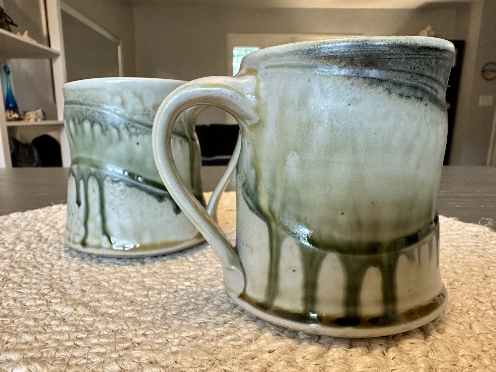 Studio Art Pottery Mugs Set Of Two Earthy Green Drip Glaze Signed Charlie Tefft