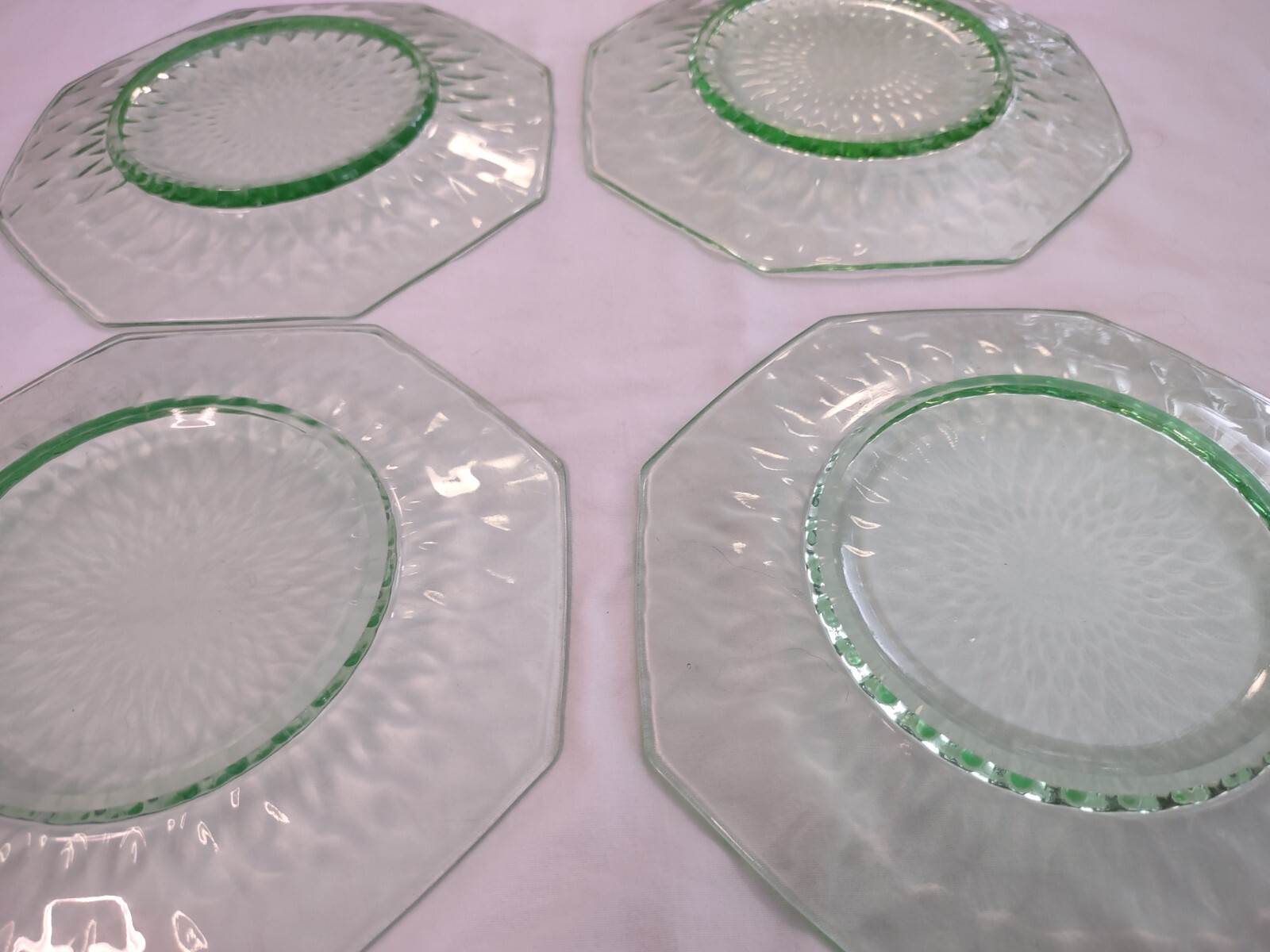 (4) Bryce Bros Canary 7.5”w Octagonal Plate, No. 1000, Diamond Quilted, Antique