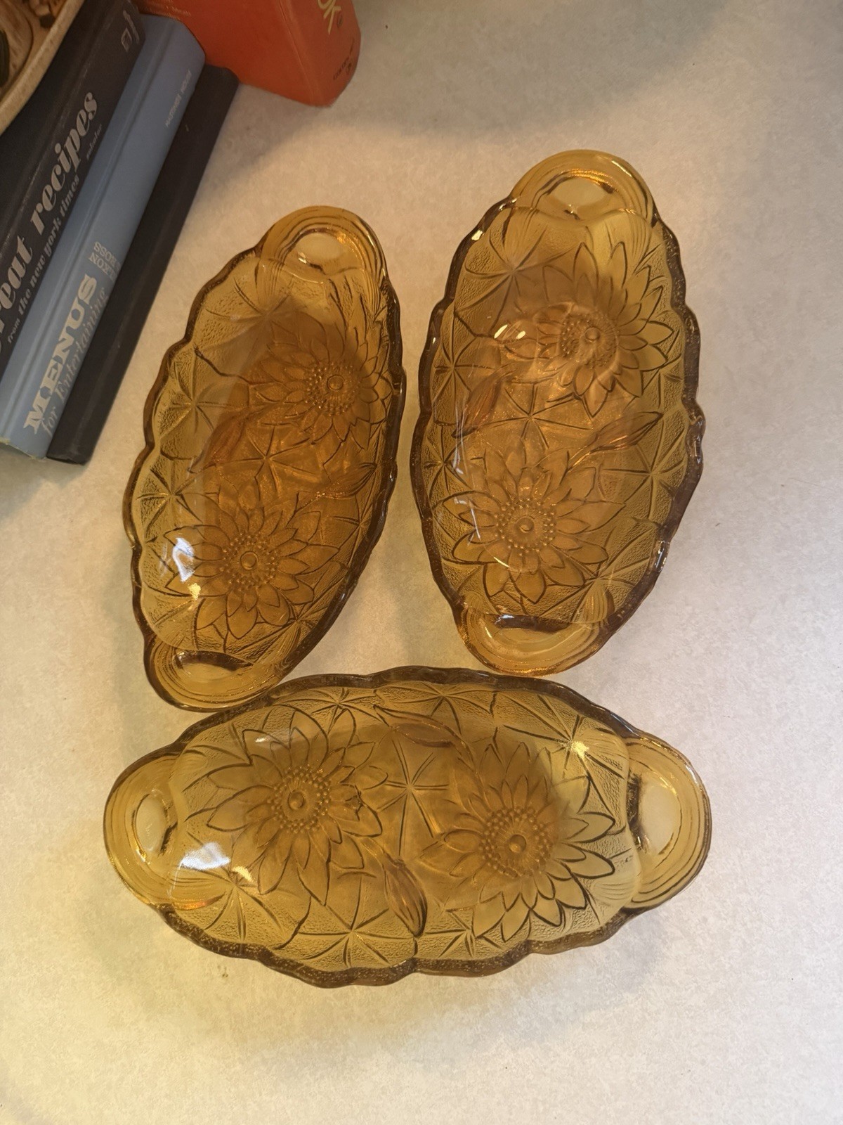 Vintage Amber Indiana Glass Sunflower and Lily Pons Candy Relish Dish Set Of 3