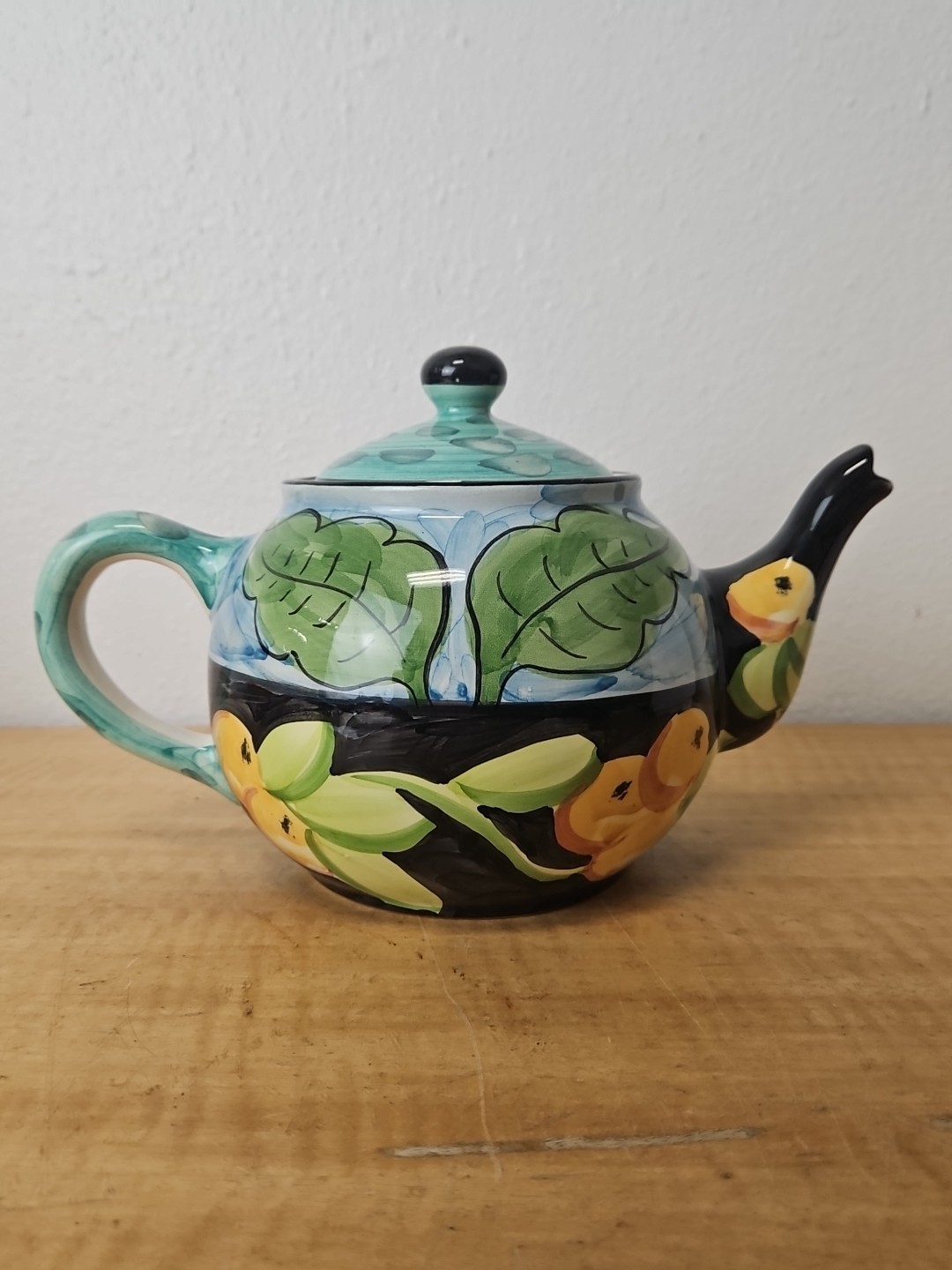Favanol Teapot Fruit and Leaves Hand Painted Portugal blue, black, teal