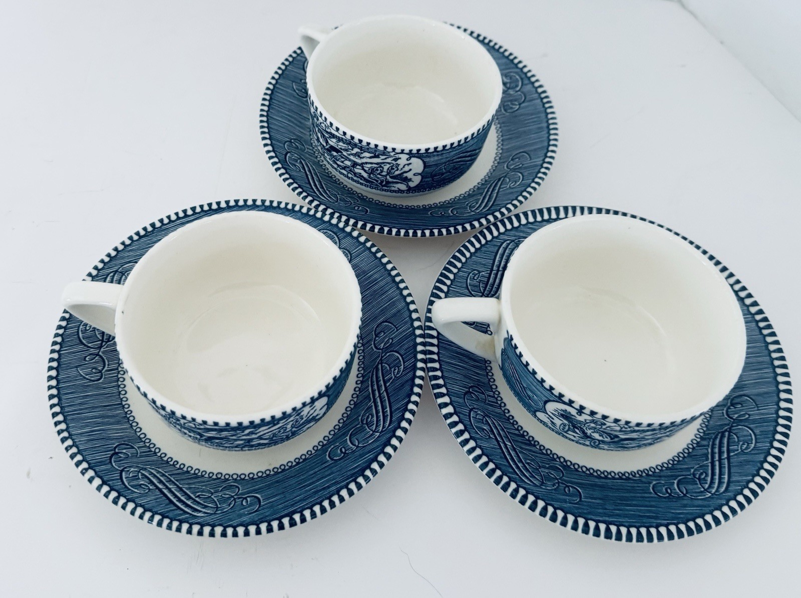 Currier & Ives Blue Royal China Coffee Tea Flat Cups With Saucers Lot of 2 Sets