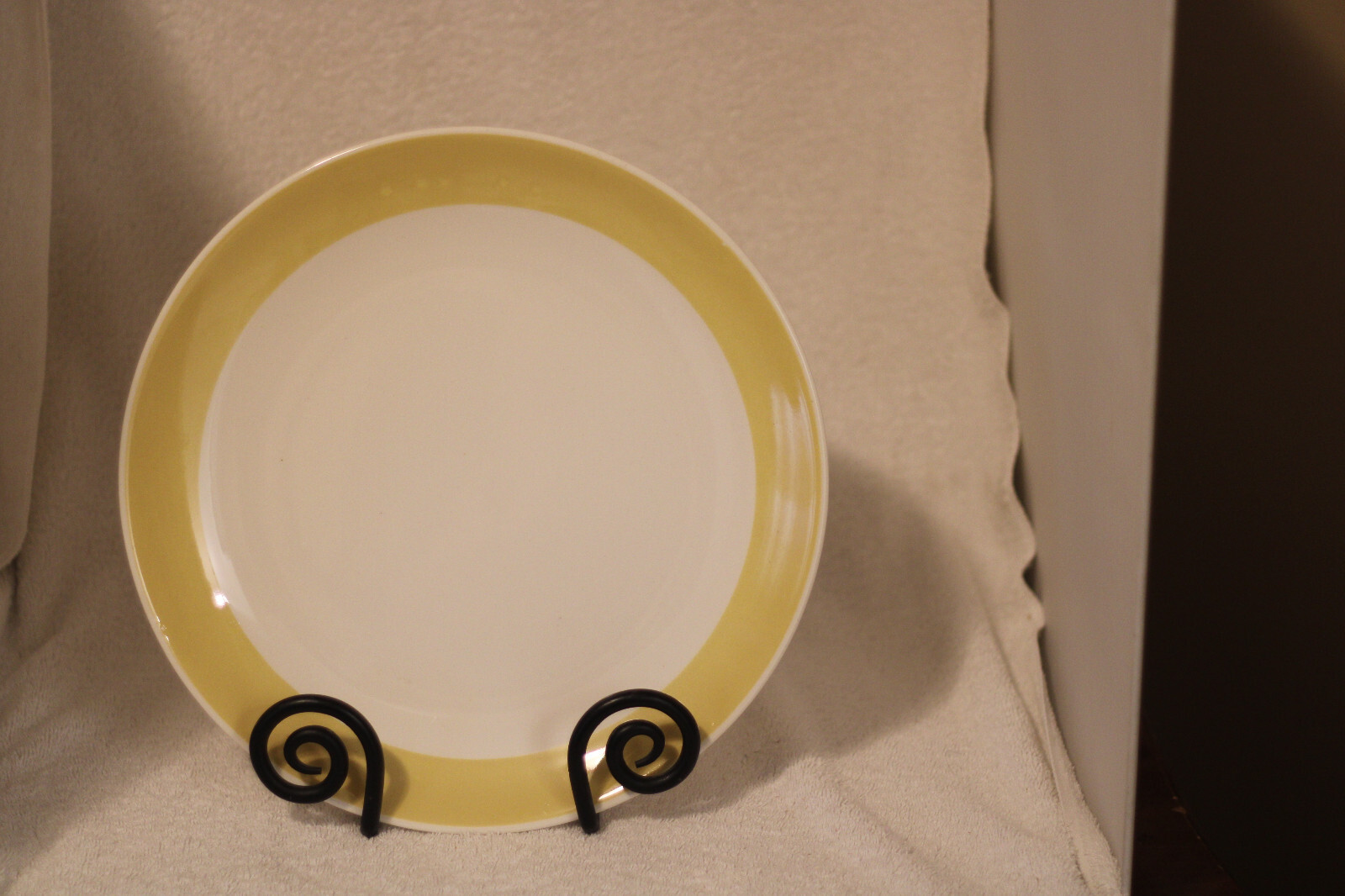 Round Yellow Rim , White, Ceramic Platter, 12 1/4 “, Made in USA, Pre Owned