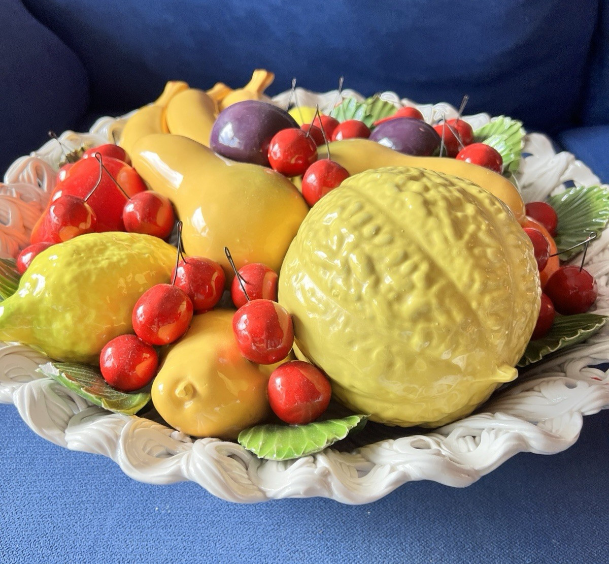 1960s Italian Capodimonte Ceramic Fruit Centerpiece 17”D ITALY MCM Colorful