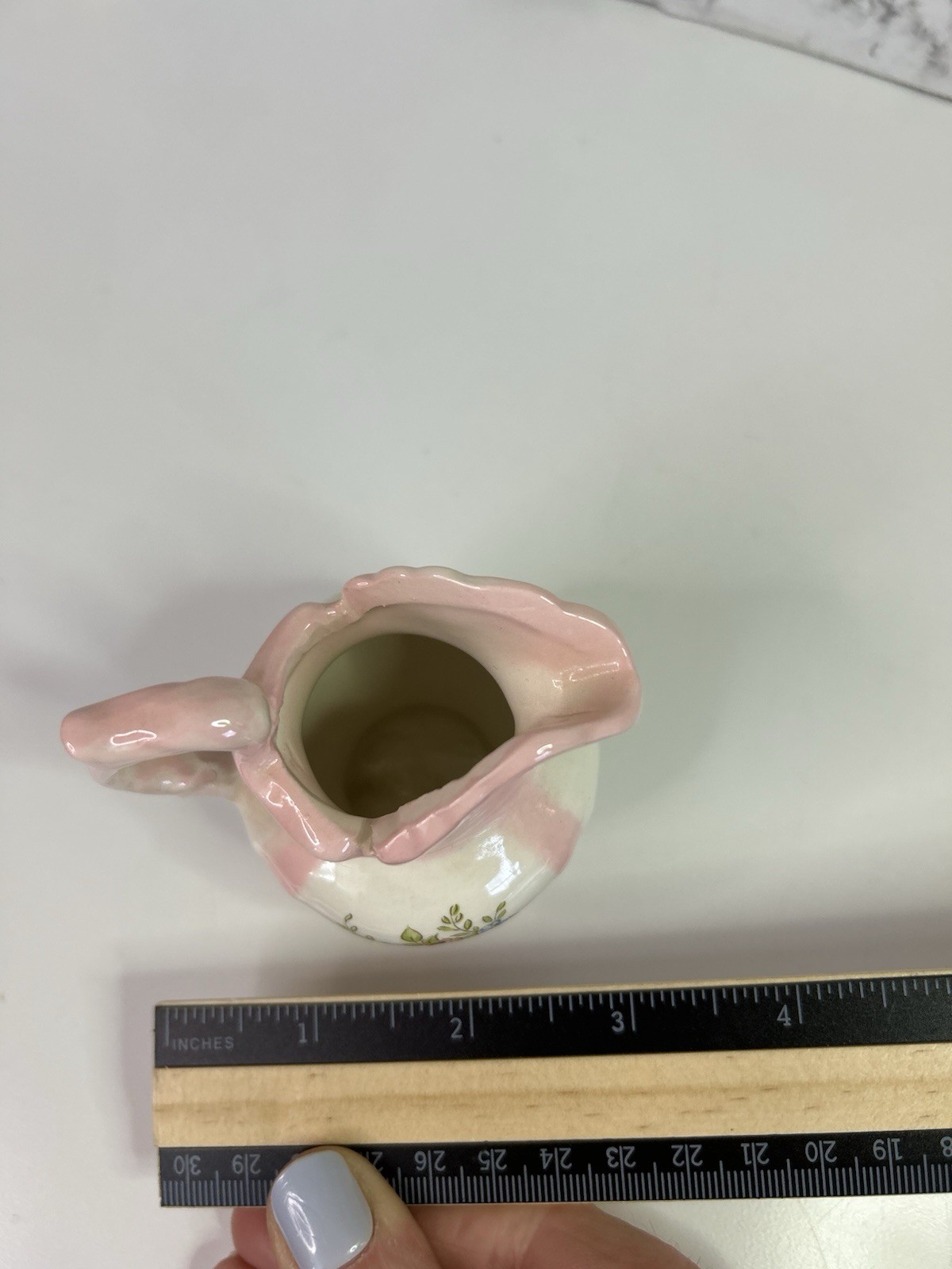 Tiny White & Pink Flower Floral Miniature Pottery Pitcher– 3 inches Dollhouse