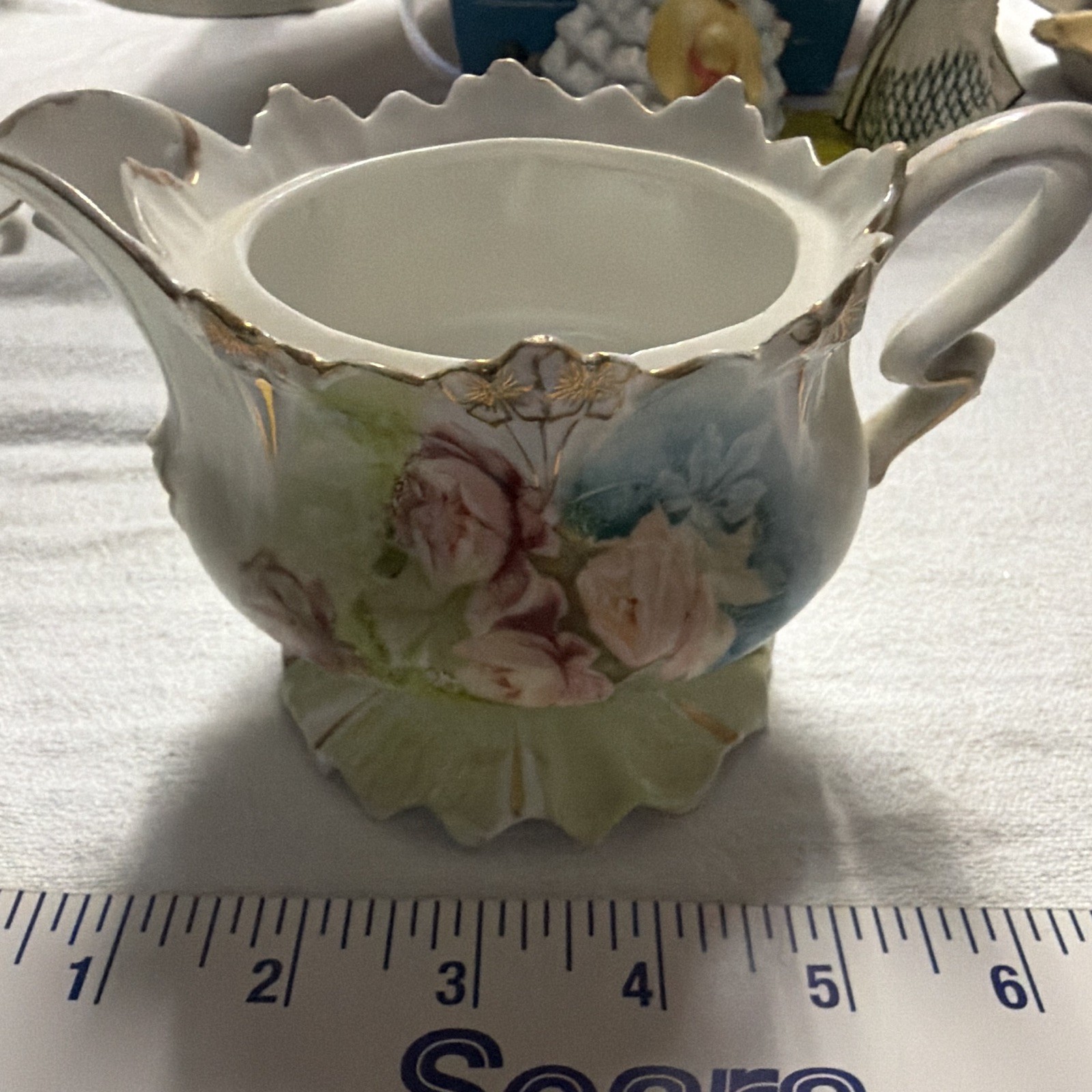 Porcelain Floral Creamer Pitcher White Pink Green Blue Glossy Gold Trim Handle