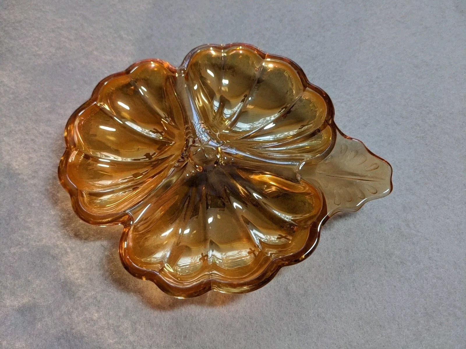 Vintage Amber Marigold Carnival Glass 3 Section Flower Leaf Candy Nut Dish
