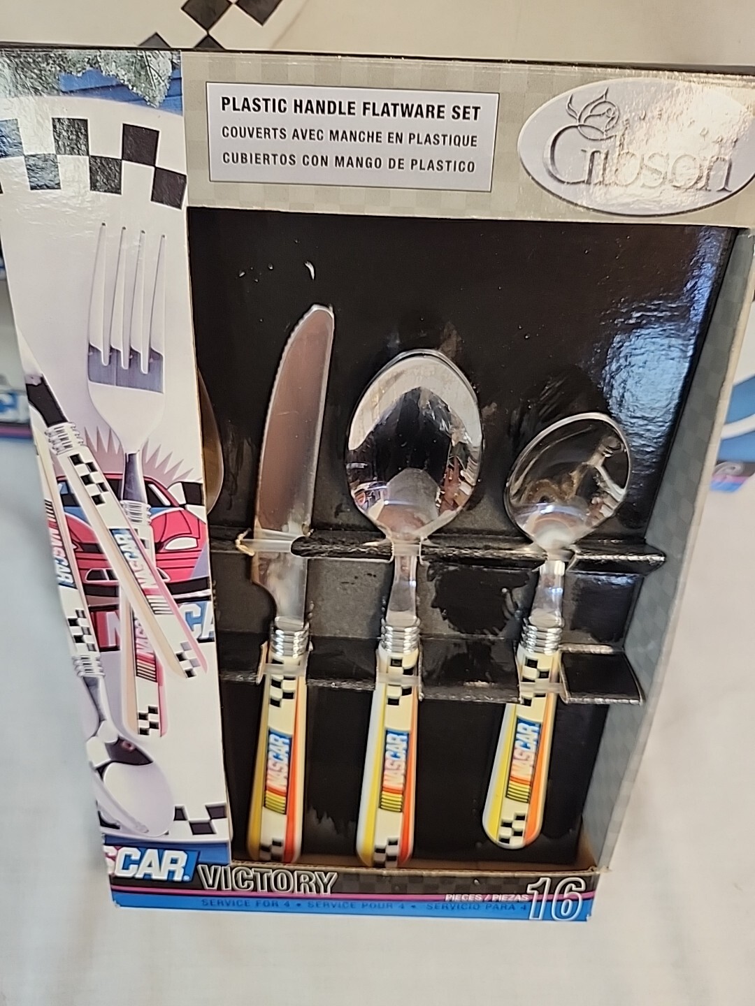Rare Vintage Gibson Nascar Victory 16 Piece Dinnerware Set For 4 New & FLATWARE