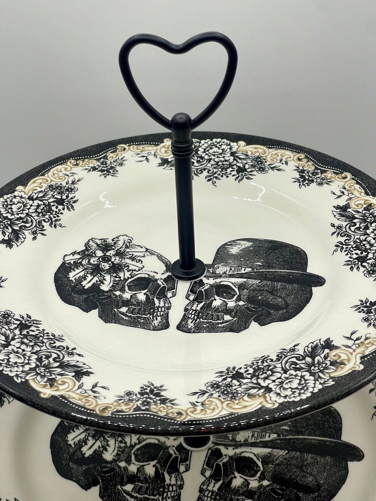 Royal Stafford Halloween Gothic Skull Couple 2 Tier Serving Tray Stand Handmade