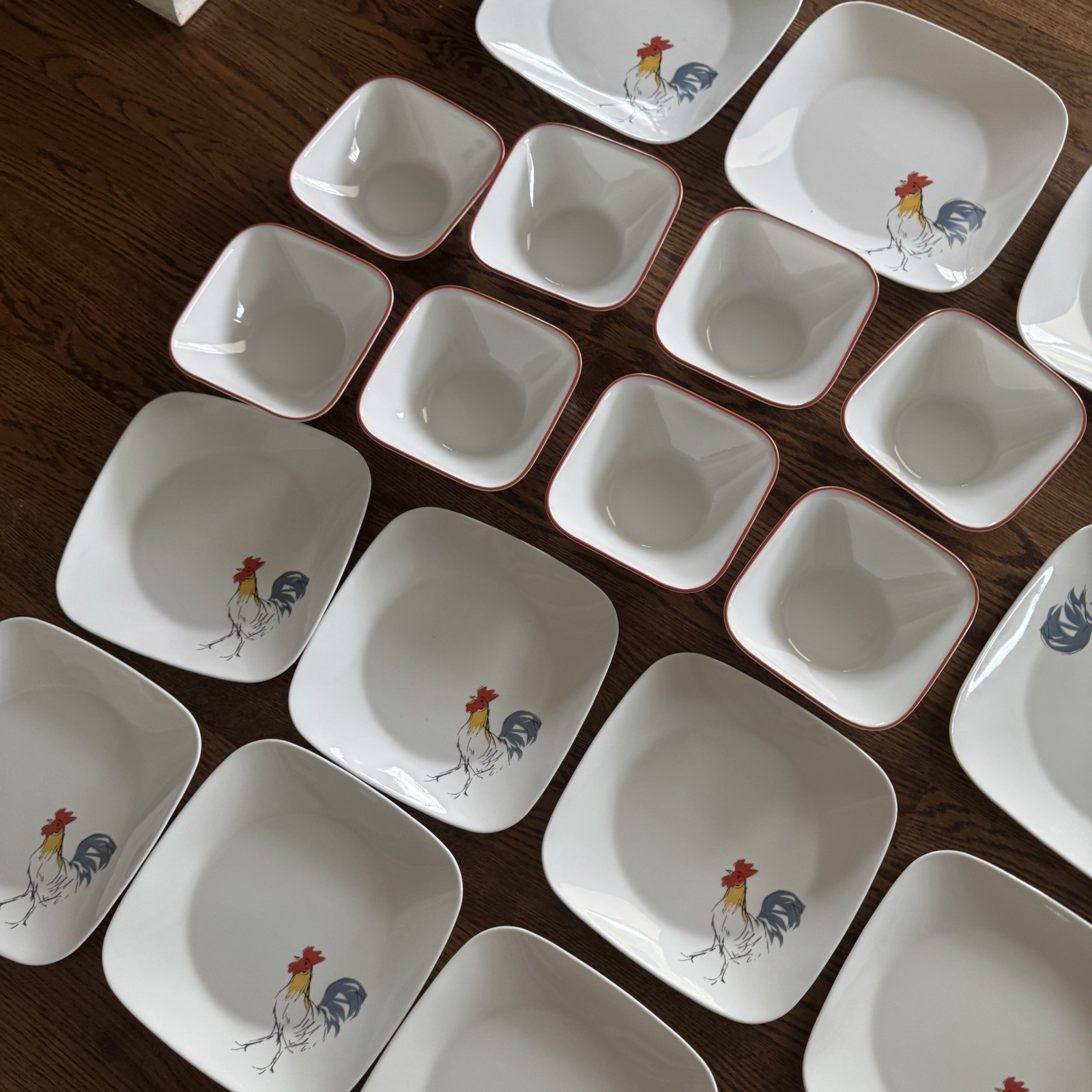 24 PC SET Corelle Square Rooster Country Dawn Dinner Plates And Square Bowls