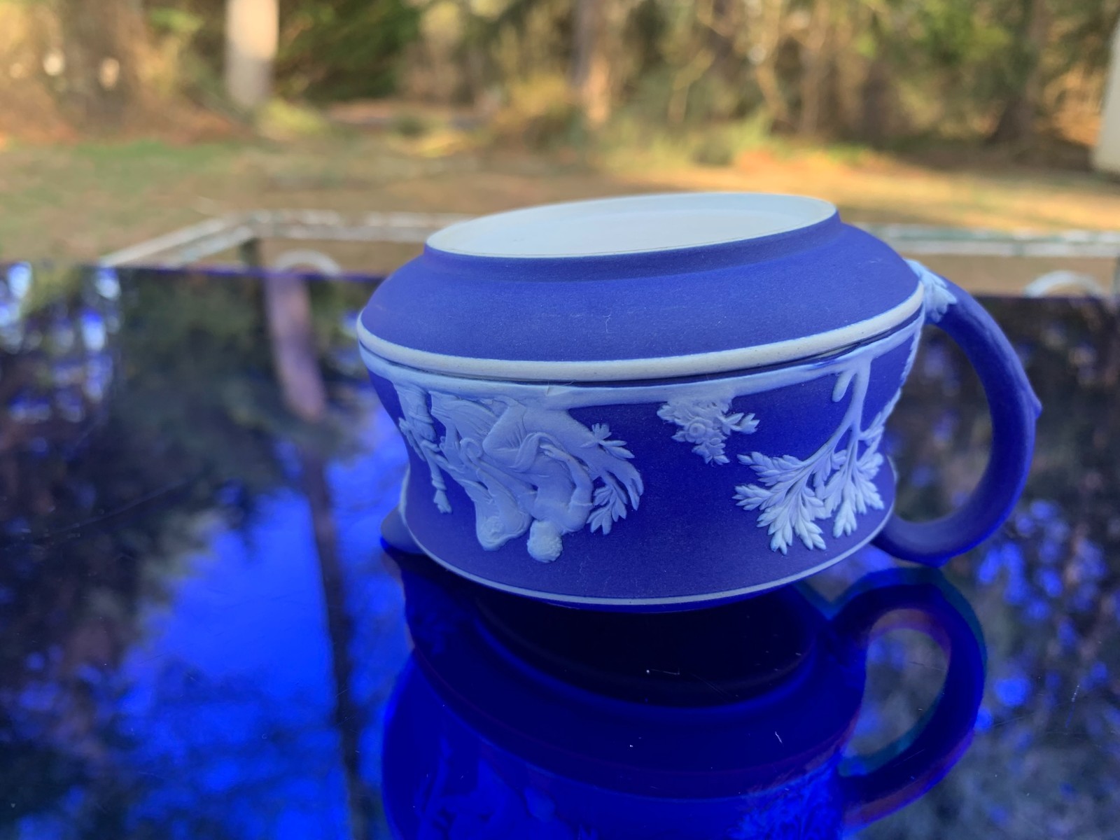 Wedgwood Jasperware Cobalt Blue Creamer 2 1/8″ Tall Made in England Circa 1900