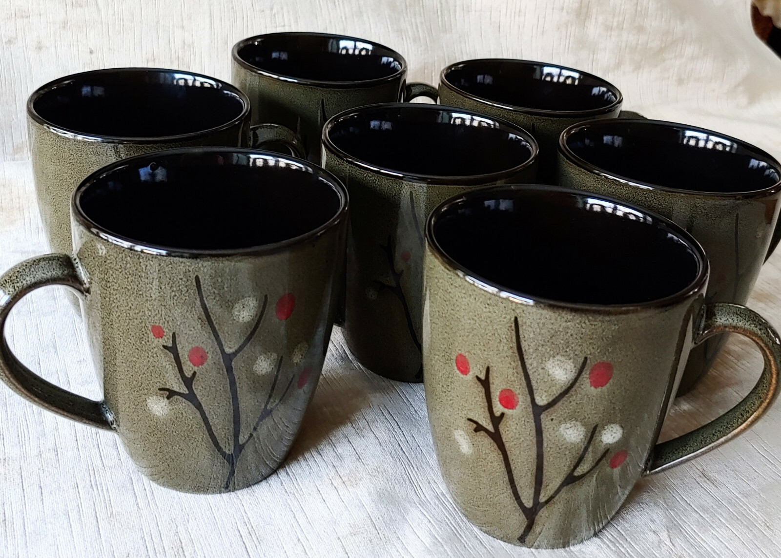 7 Sango CERAMIC MUGS “Blossom Black” 4763 Contemporary Original