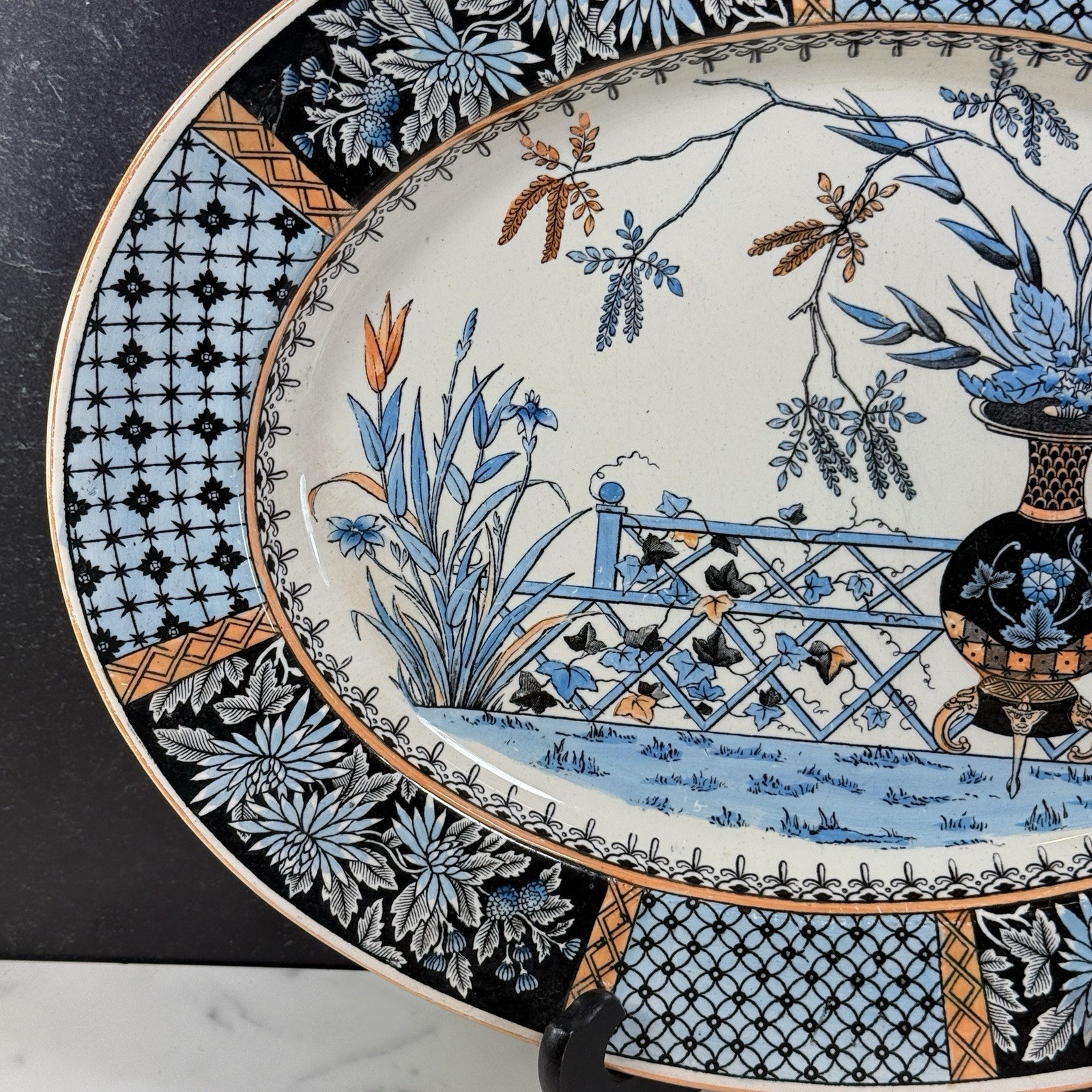 Antique Copeland Spode Transferware KEW Oval Platter 15″ Aesthetic Movement Blue
