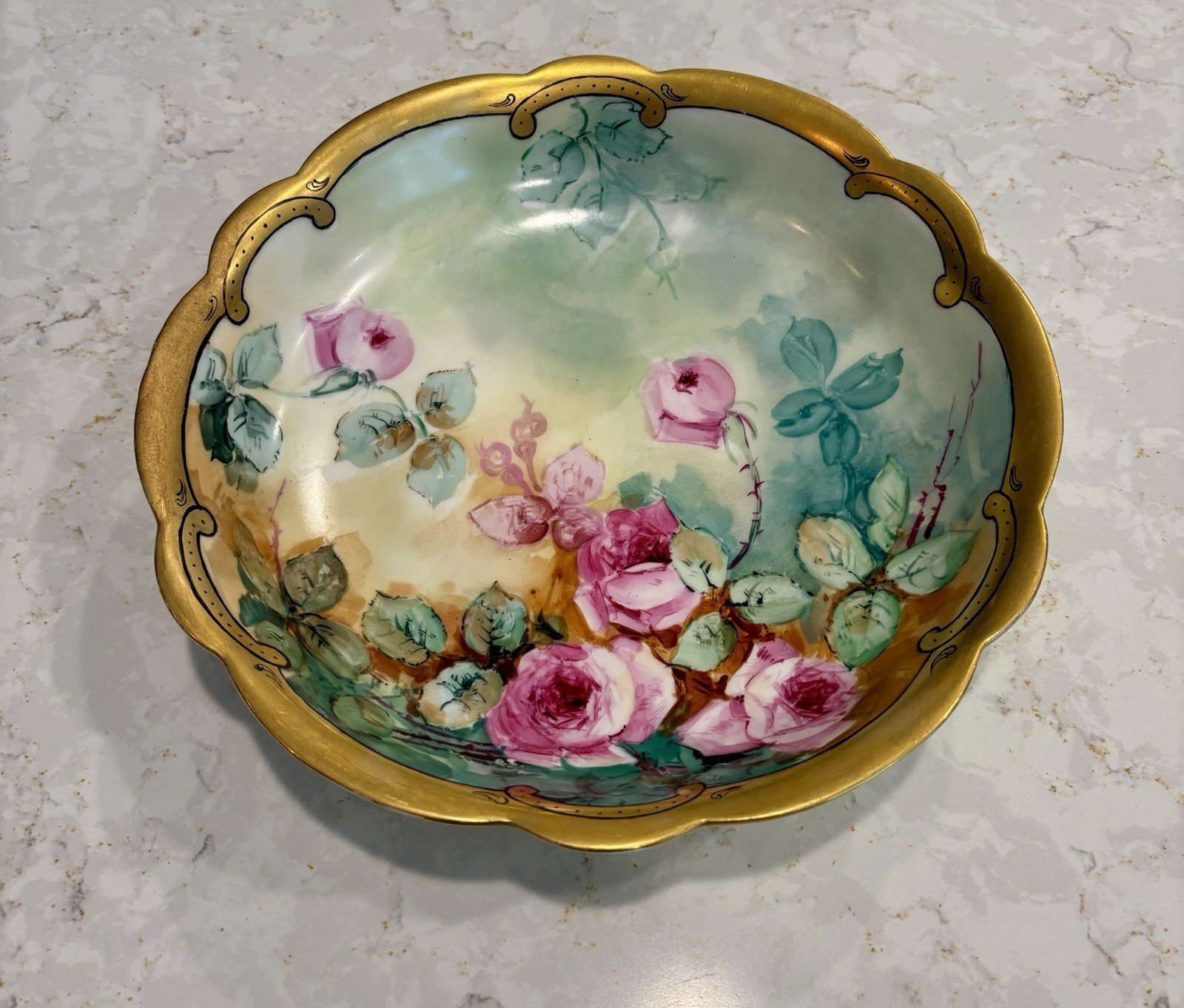 Antique Limoges France Hand Painted Pink Roses Bowl Artist Signed Gold 10.5
