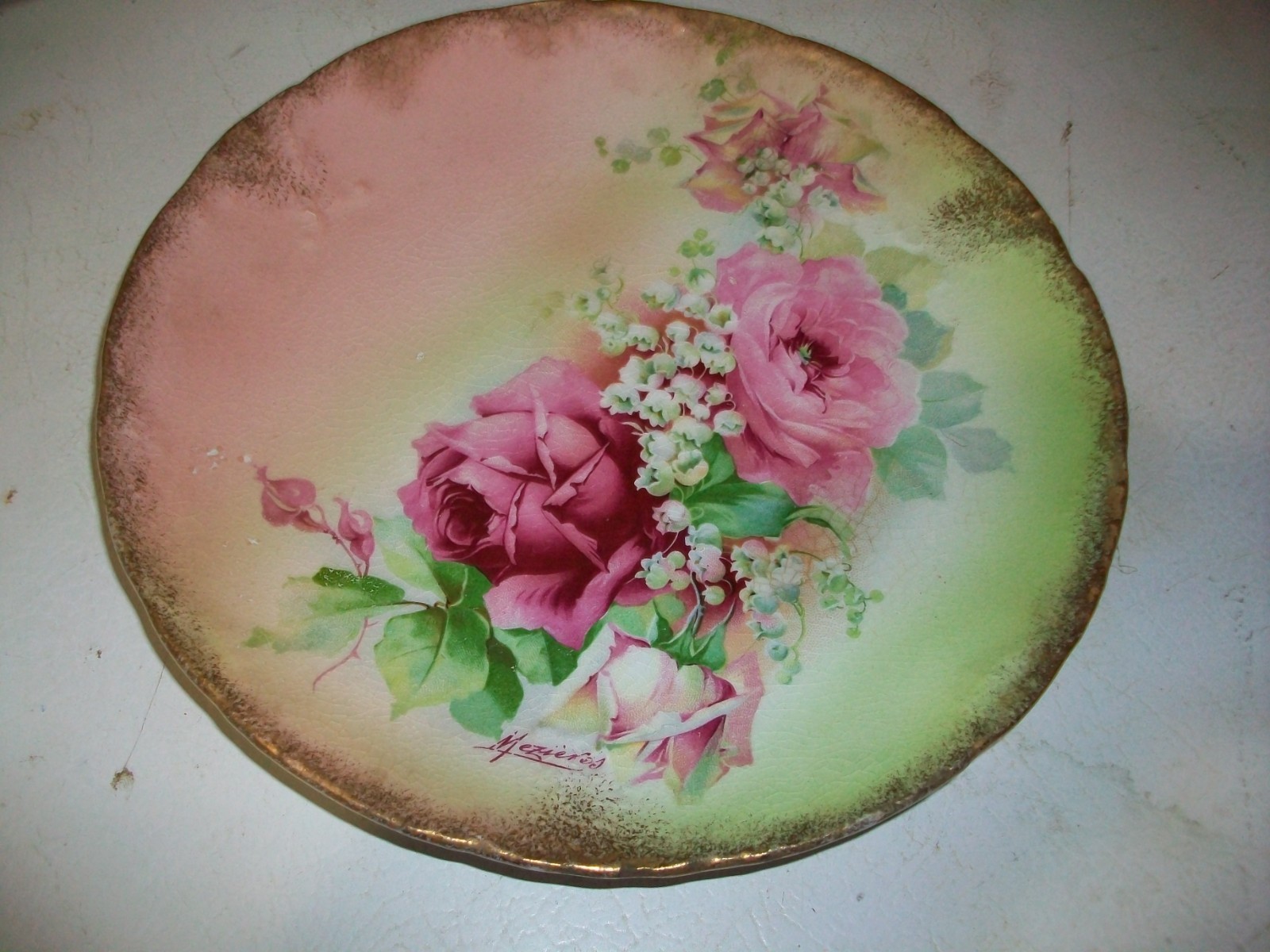 Antique French Limoges Porcelain Plate 8.5″-signed Mezieres-Pink roses 1900’s