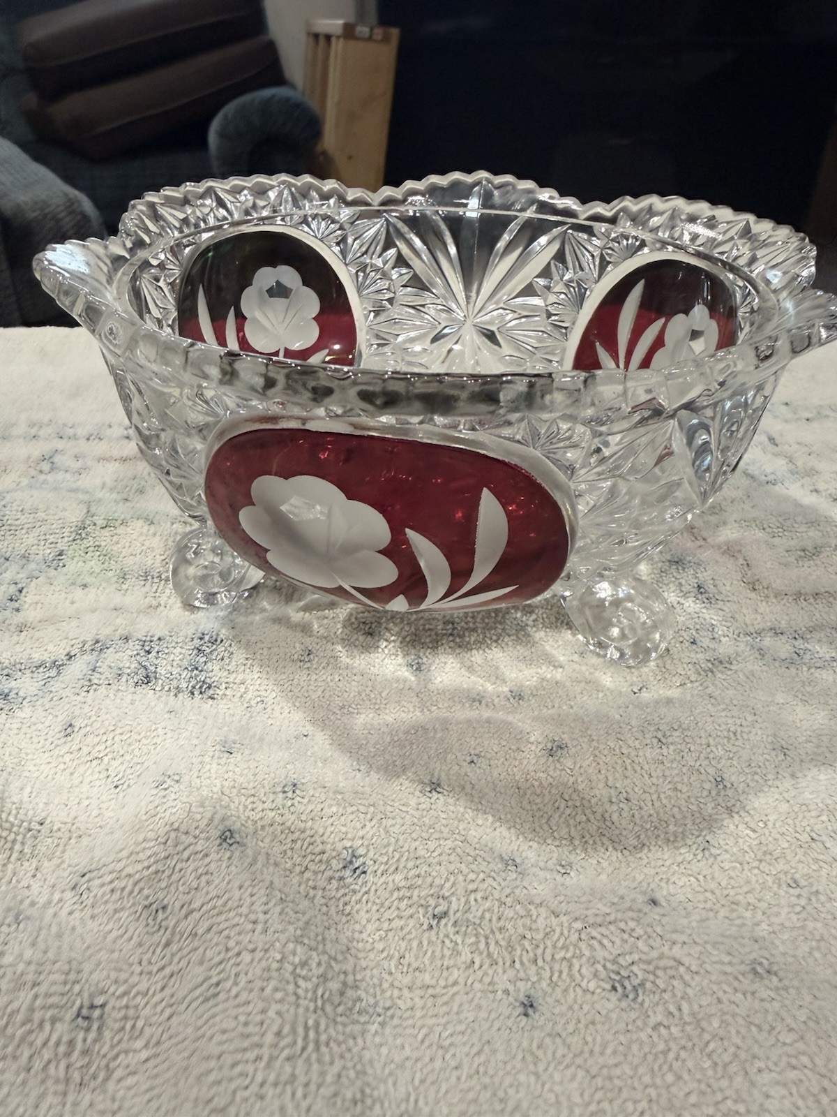 Clear Cut Glass 3-Footed Round Bowl Red Panels White Floral Decorative