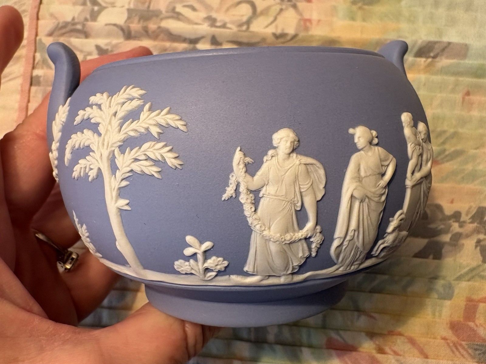 Wedgwood Blue Jasperware Covered Sugar Bowl Neoclassical Relief EUC Vintage Lid