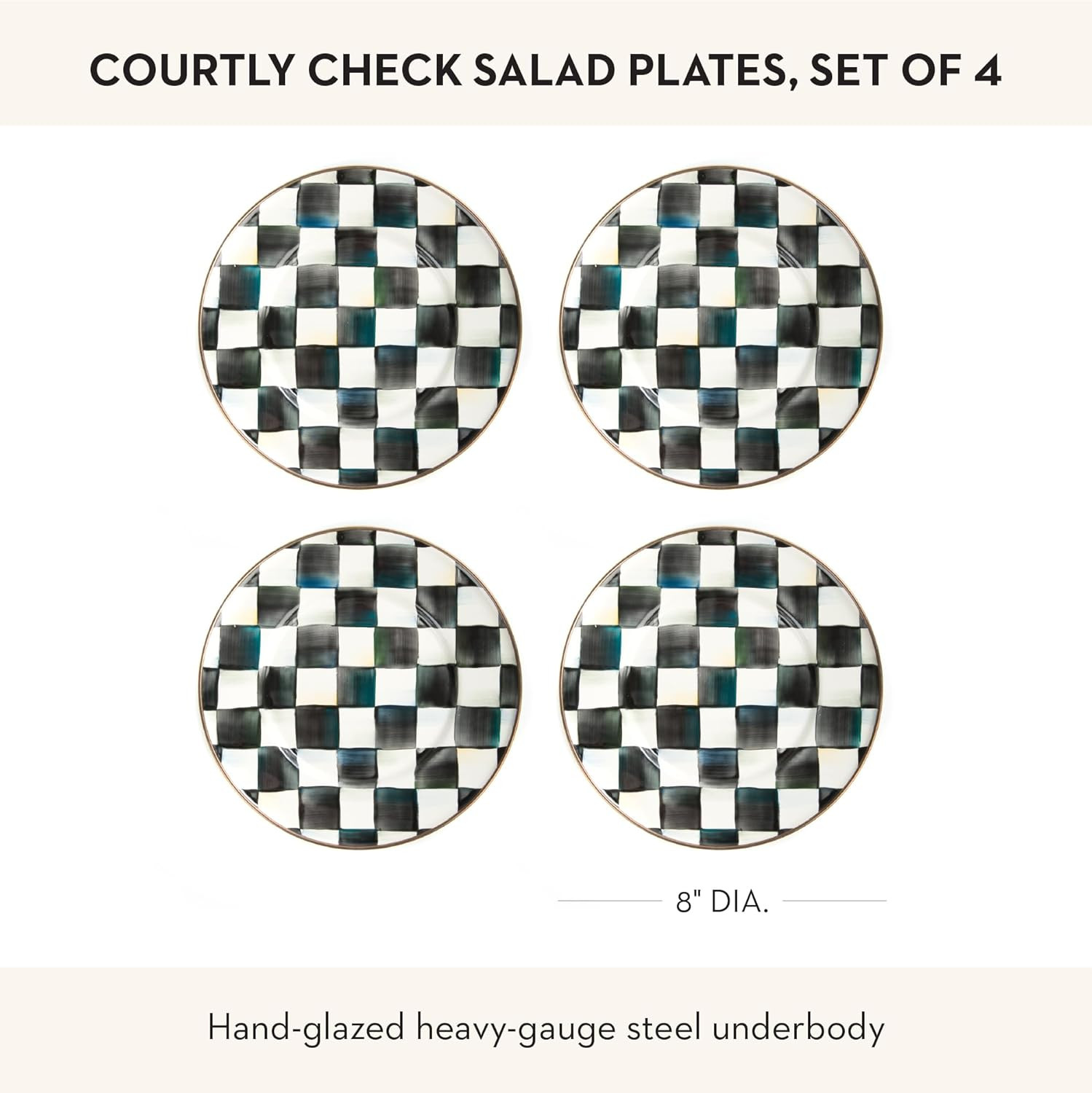 Set of 4 Enamel Salad & Dessert Plates, 8″ Courtly Check