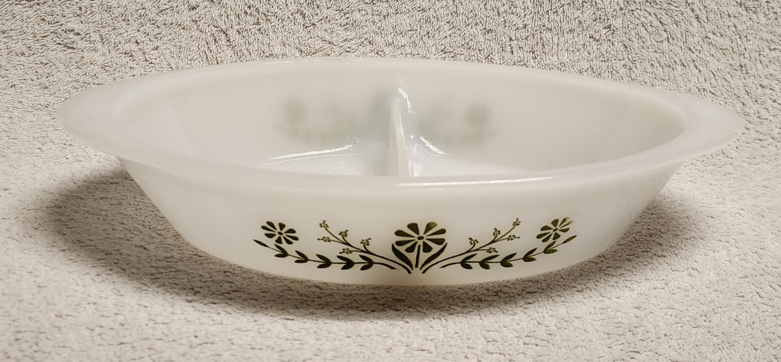 Glasbake J2352 Serving Dish Divided Oval Green Daisy Baking Vintage Milk Glass