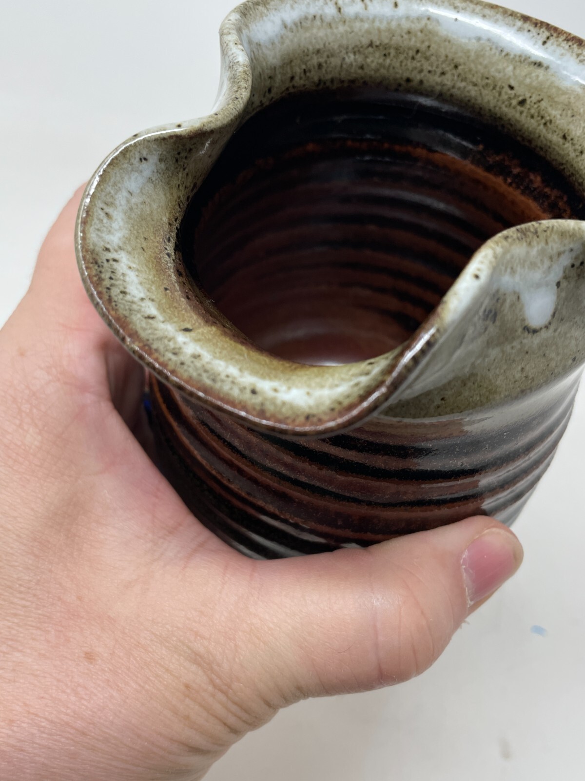 Studio Art Pottery Stoneware Creamer Pitcher Blue Brown Marked Rustic 4.5in