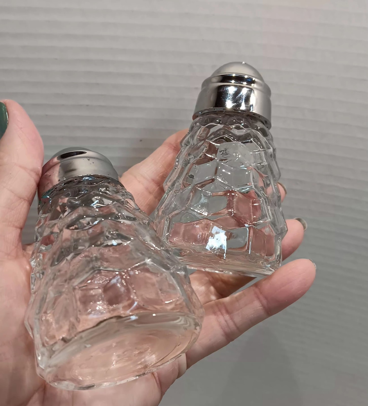 Vtg American Fostoria Cubist Clear Glass Salt Pepper Shakers 3.5in 1.75in